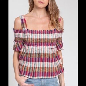 EUC Dra Plaid Off-Shoulder Top Anthropologie Small Medium